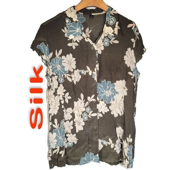 Women's 100% Silk Size L Short Sleeve Top Button-Up Shirt SDK363 - Picture 1 of 3